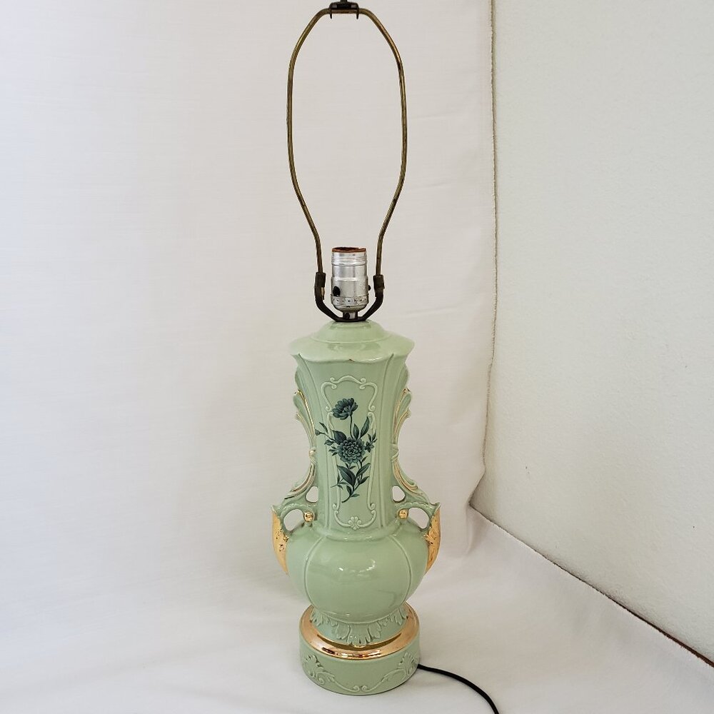 24K Gold Ceramic Chartreuse Green Lamp Victorian Floral Art Deco MCM